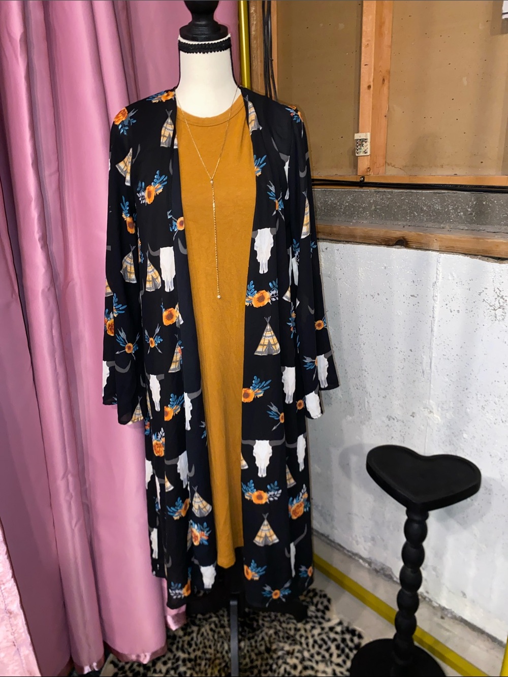 Berry N Cream Black Floral & Western Print Duster Kimono